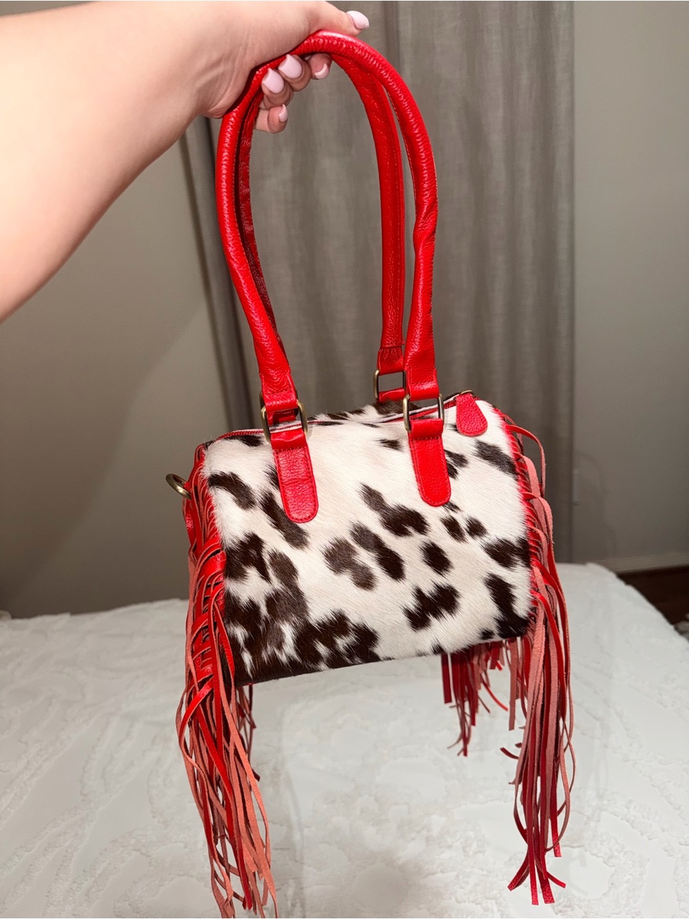 Small Red Spotted Cowhide Fringe Bag